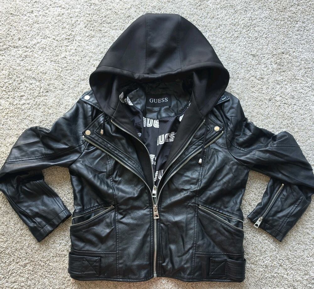 Guess Womens Black Motorcycle Biker Faux Leather Jacket Size XL